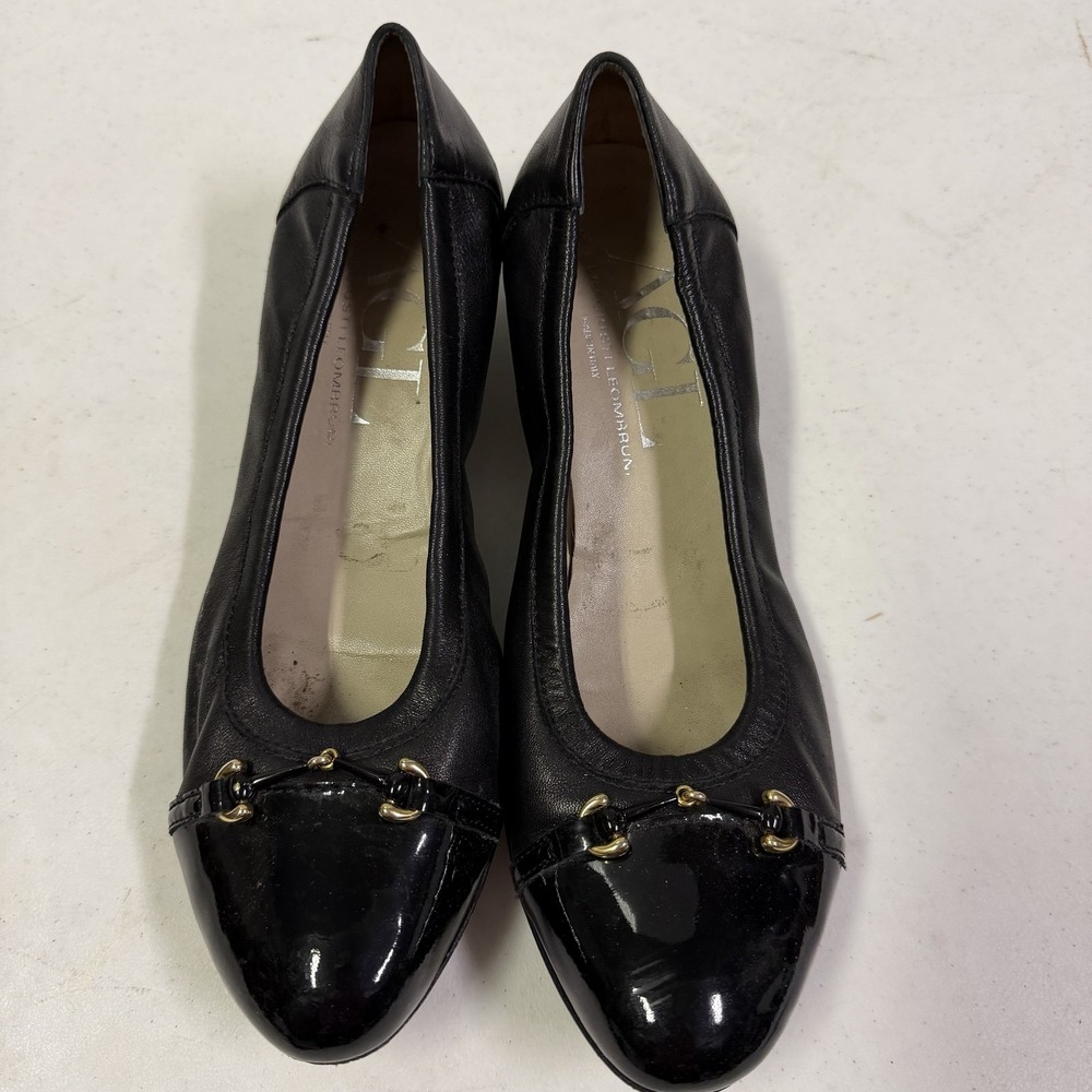 AGL Attilio Giusti Leombruni Black Leather Patent Toe Horsebit Flats Shoes